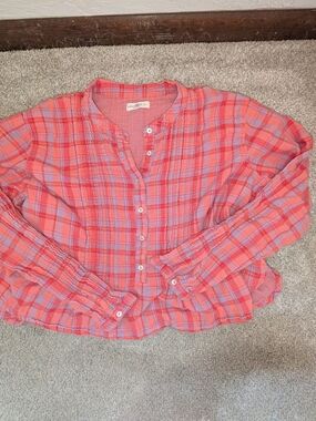 NATURAL LIFE Coral and Lavender Plaid Button Shirt